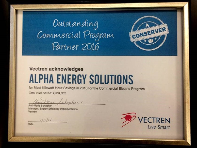 2016 Vectren award Commercial Rebate Program Award